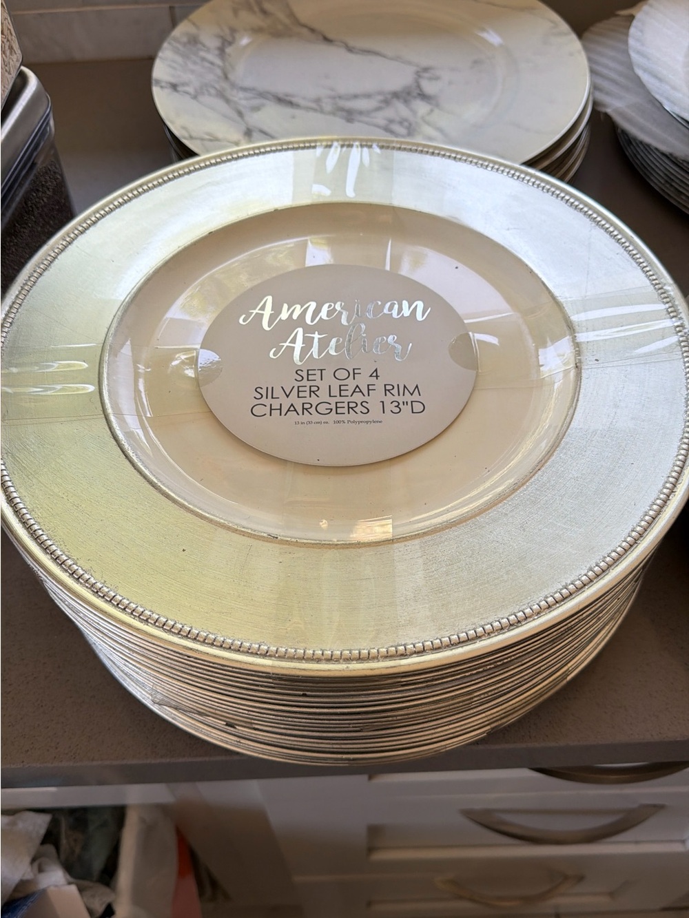 American Atelier Champagne-Tone Charger Plates with Silver Beaded Rim 24 Pieces